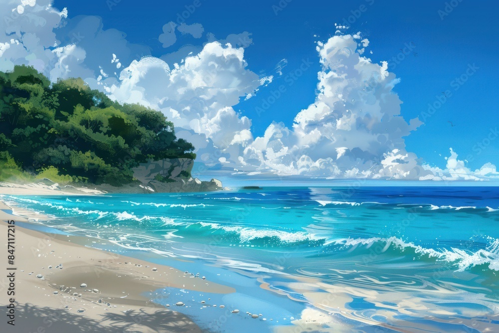 Digital art illustration of a serene tropical beach paradise with lush greenery, crystal clear turquoise water, and a tranquil beachscape. Perfect for summer vacation, travel, and relaxation