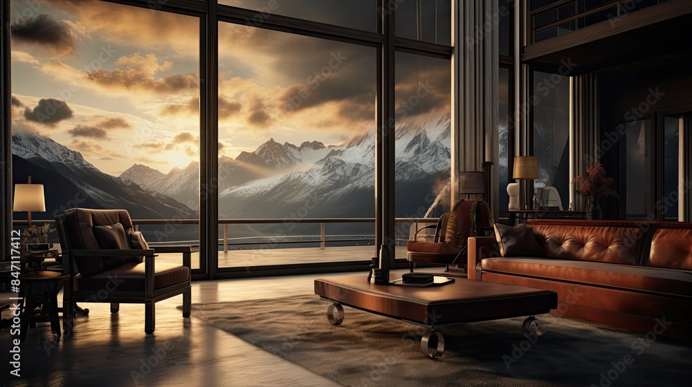 Fototapeta premium Star Mountain View Suite Interior Reference. AI generated art illustration.