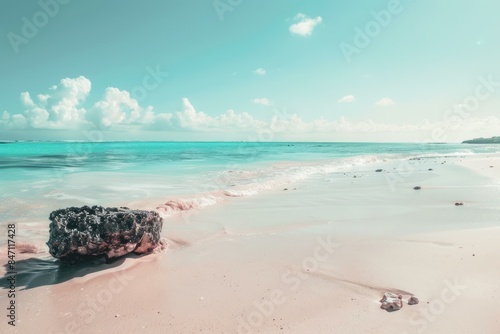 Tranquil and serene tropical beach paradise with untouched turquoise waters. A tranquil scene of sandy shores. Driftwood. And pristine pastel colors. Leisure getaway