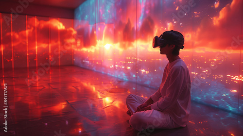 A person sits cross-legged on the floor, wearing a VR headset and experiencing an immersive, holographic mental health session.
