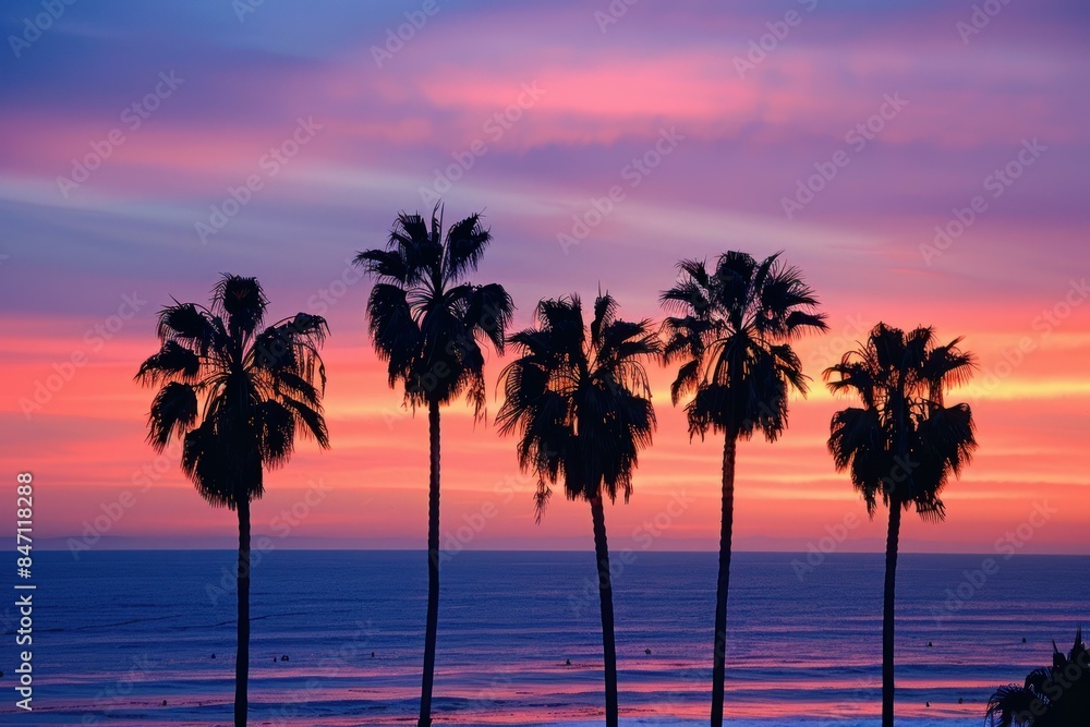 Obraz premium Vibrant tropical sunset silhouettes of palm trees on a coastal beach with a tranquil ocean view at dusk. Creating a peaceful and serene landscape with warm. Colorful evening colors. Perfect for travel