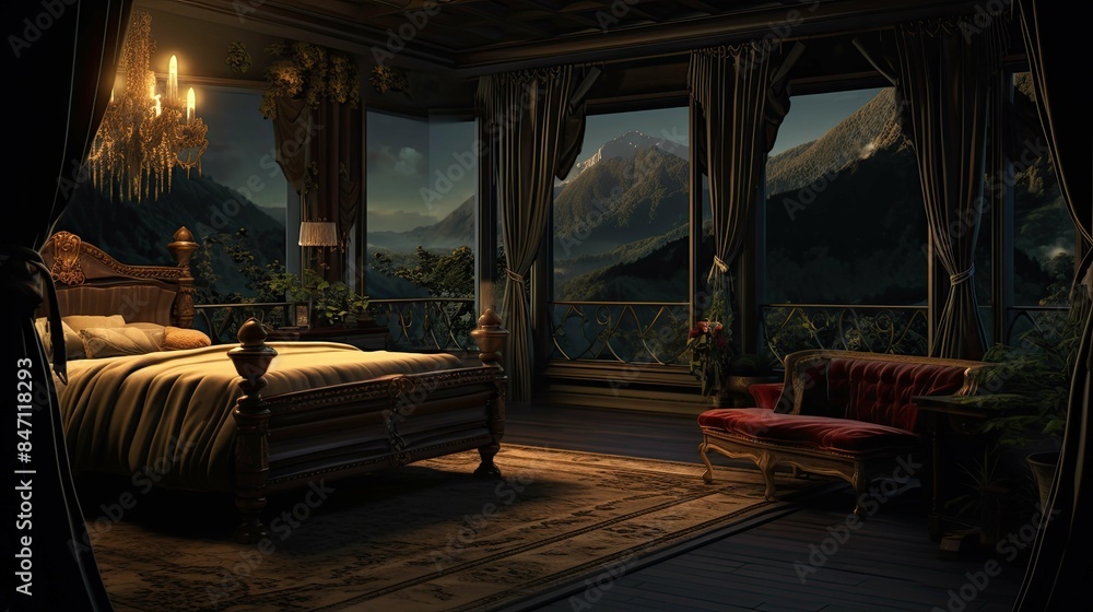 Obraz premium Star Mountain View Suite Interior Reference. AI generated art illustration.