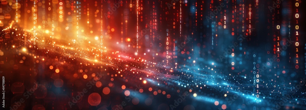 Fototapeta premium Digital Rain of Binary Code in a Glowing Digital Landscape