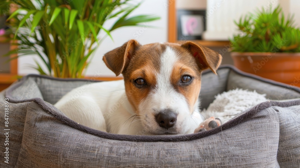 a small Jack Russell Terrier peacefully sleeping in a gray dog bed, amidst a minimalistic home interior adorned with house plants. a small Jack Russell Terrier peacefully sleeping in a gray dog bed, amidst a minimalistic home interior adorned with house plants.