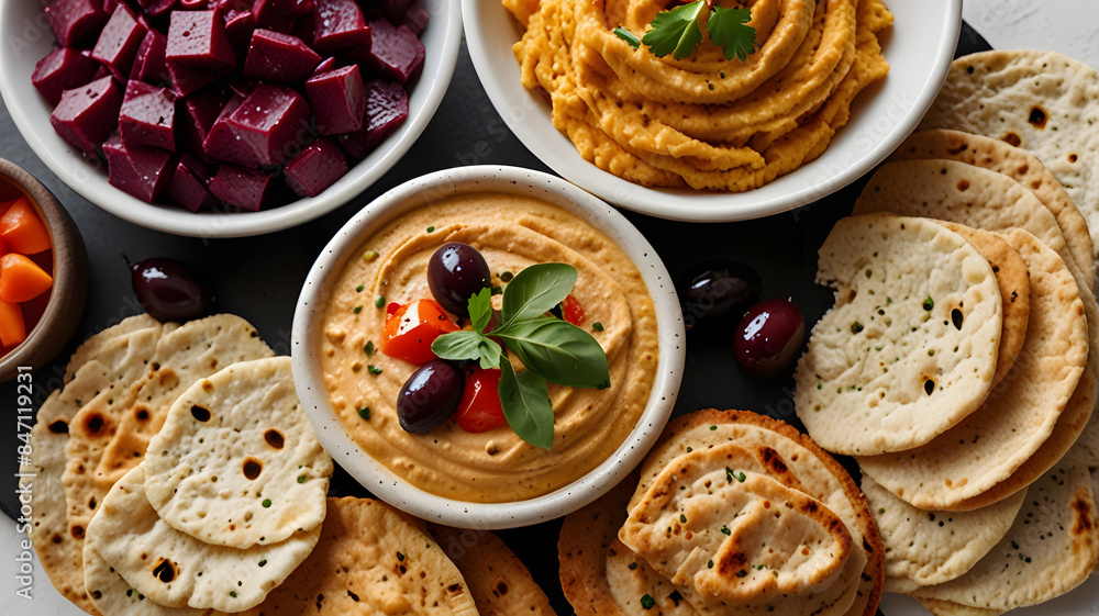 A Mediterranean hummus platter with a variety of dips, including classic hummus, roasted red pepper hummus, and beet hummus, surrounded by pita bread, olives, and fresh vegetables