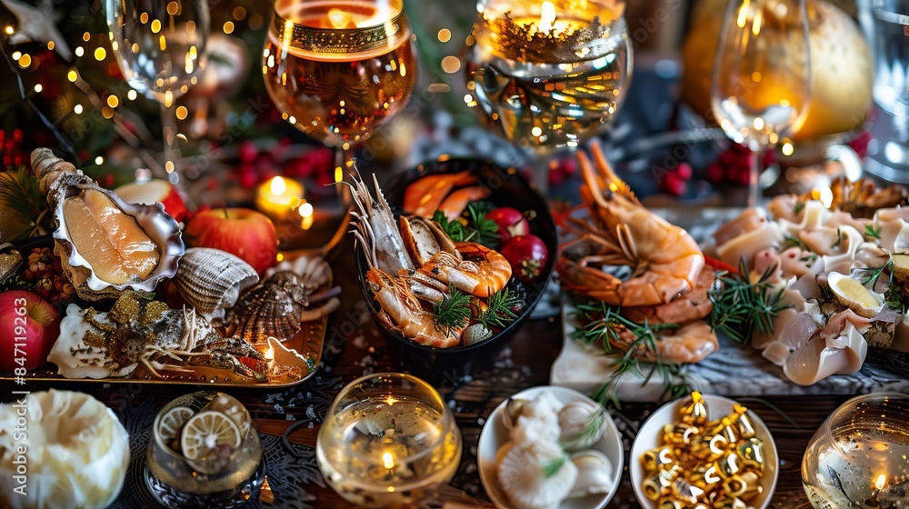 A variety of seafood dishes on the table, including salmon slices, salads, lemons and herbs. Meatless feast A variety of seafood dishes on the table, including salmon slices, salads, lemons and herbs. Meatless feast