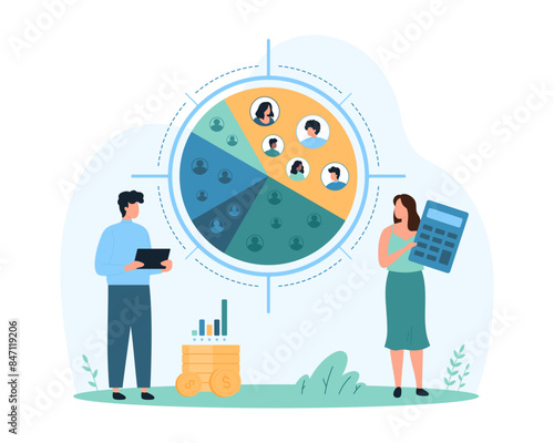 Customer segment analysis of marketing research. Tiny people analyze different segments of pie chart and consumers profiles in target aim, identify and find niche cartoon vector illustration