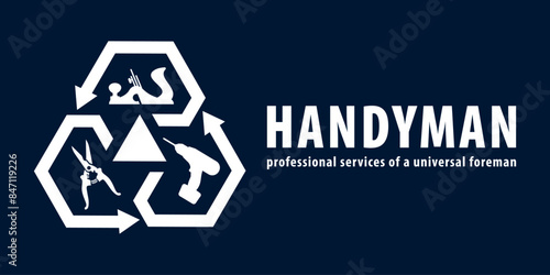 Handyman concept in blue. Professional services of a universal foreman. Workshop, repairman services, carpenter, any type of repair of home: drill, metal scissors, plane. Vector EPS10.