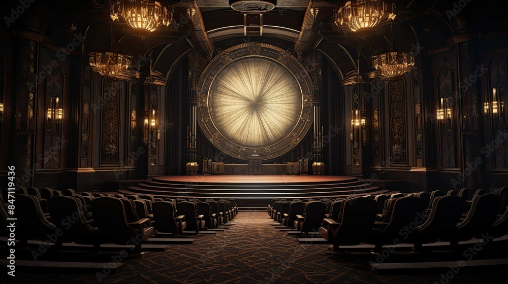 Obraz premium Gold-Accented Home Cinema Interior Reference. AI generated art illustration.