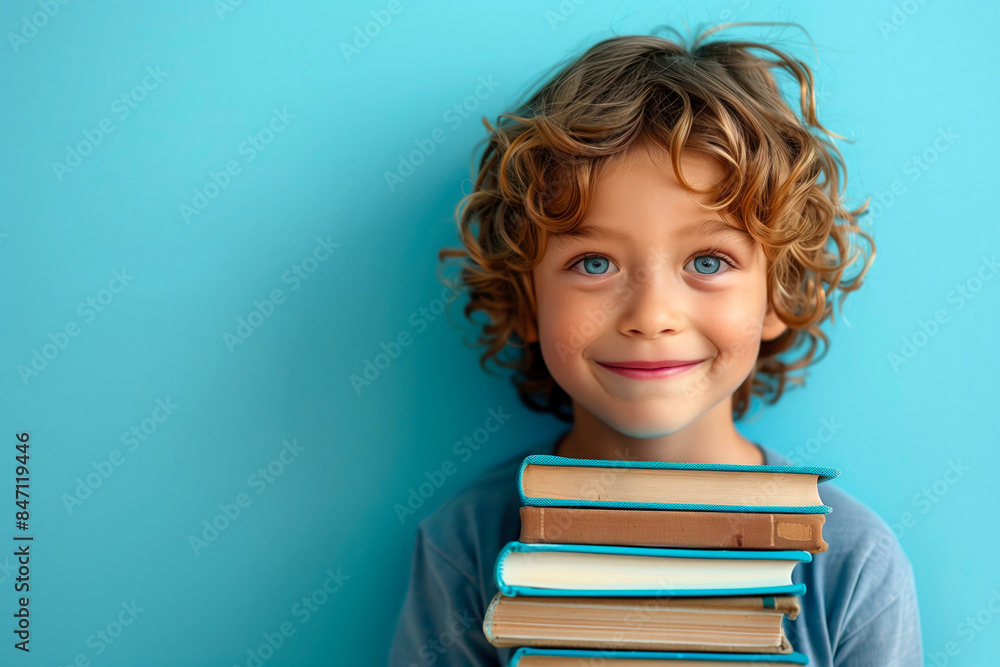 Smiling Child Holding Stack of Books Against Blue Background, Education and Learning Concept. Smiling Child Holding Stack of Books Against Blue Background, Education and Learning Concept.