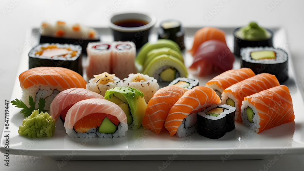 A diverse sushi platter showcasing nigiri, maki rolls, and sashimi, garnished with traditional accompaniments, presented on a white background, perfect for upscale dining and food photography A diverse sushi platter showcasing nigiri, maki rolls, and sashimi, garnished with traditional accompaniments, presented on a white background, perfect for upscale dining and food photography
