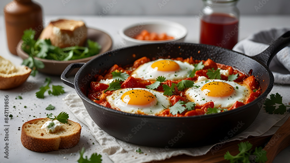 A flavorful shakshuka with poached eggs, spiced tomato sauce, cilantro, and feta, set against a white background, ideal for promoting hearty, traditional Middle Eastern cuisine and brunch dishes. A flavorful shakshuka with poached eggs, spiced tomato sauce, cilantro, and feta, set against a white background, ideal for promoting hearty, traditional Middle Eastern cuisine and brunch dishes.