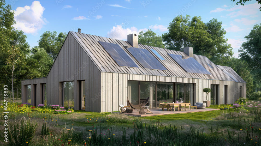 modern eco-friendly house with solar panels and garden in a natural setting modern eco-friendly house with solar panels and garden in a natural setting