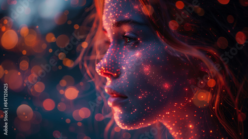 A womans face is illuminated with red holographic visuals during a virtual therapy session. photo