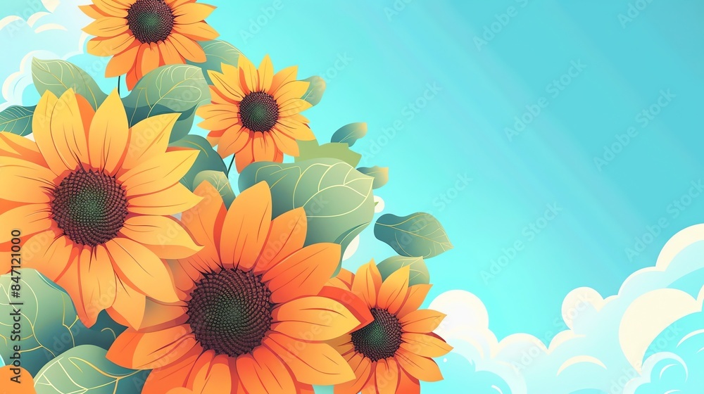 Obraz premium Vibrant Sunflowers Blooming Under Soft Blue Sky, Embodying Summer Warmth