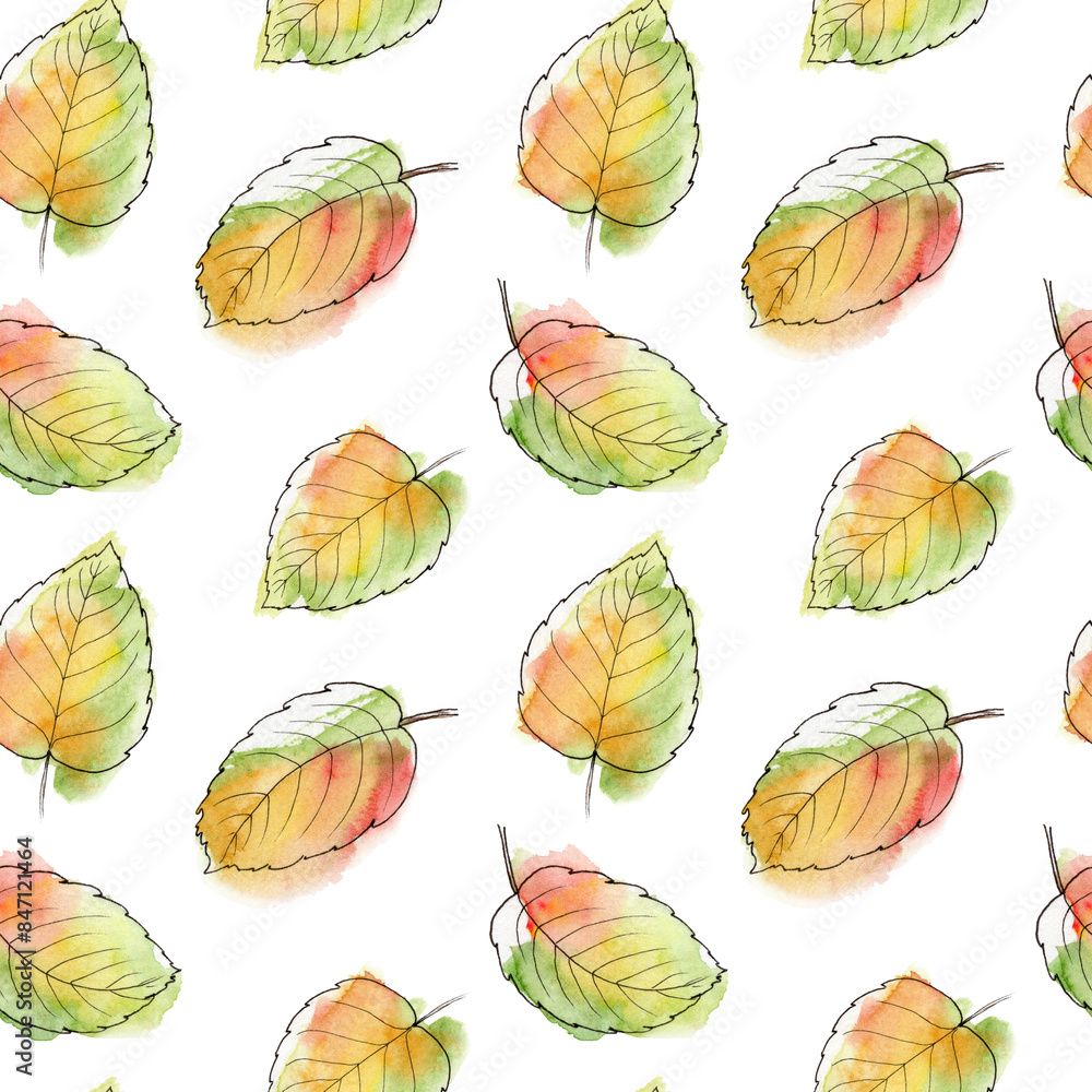 Fototapeta premium Autumn seamless pattern with watercolor colorful leaves. For design backgrounds, wallpapers, packaging, wrapping paper, covers, posters, textile prints.