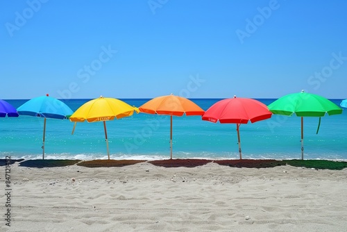 Vibrant row of multicolored beach umbrellas along a serene seaside © ylivdesign