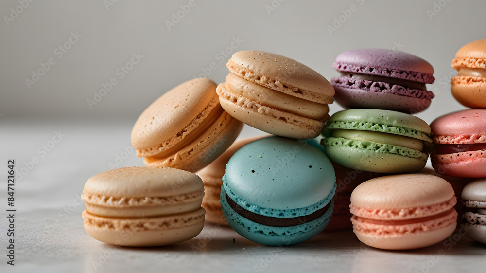 An assortment of gourmet macarons in various flavors and pastel colors, arranged in an elegant pattern on a solid white background with lots of copy space. An assortment of gourmet macarons in various flavors and pastel colors, arranged in an elegant pattern on a solid white background with lots of copy space.