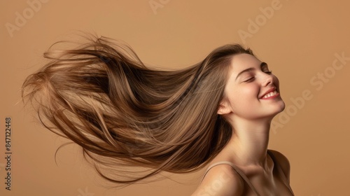A woman with long brown hair is smiling and looking up
