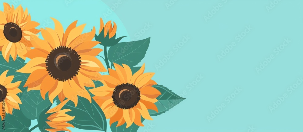 Obraz premium Bright yellow sunflowers bloom, their lush green leaves contrasting the calm blue backdrop