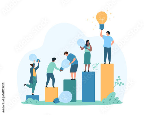 Creative business idea to achieve goal, leadership, step to success. Tiny people climb growing chart bars with dark light bulbs, leader with yellow bright lamp at top cartoon vector illustration