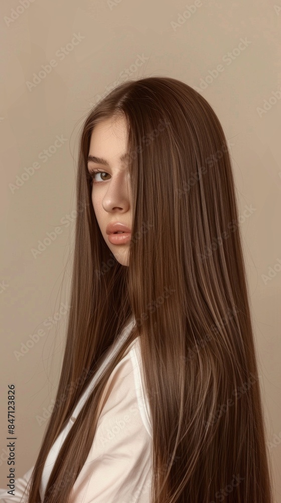 A woman with long brown hair is posing for a picture A woman with long brown hair is posing for a picture