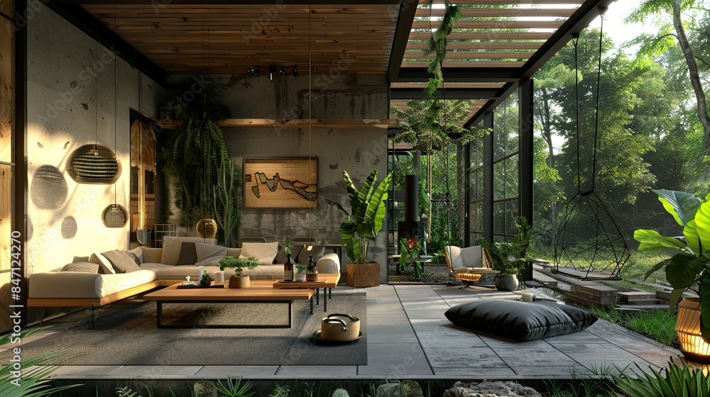 Modern living room with fireplace. AI generated art illustration. Modern living room with fireplace. AI generated art illustration.
