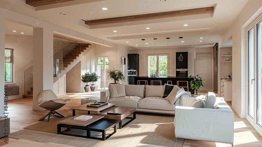 Modern living room with fireplace. AI generated art illustration. Modern living room with fireplace. AI generated art illustration.