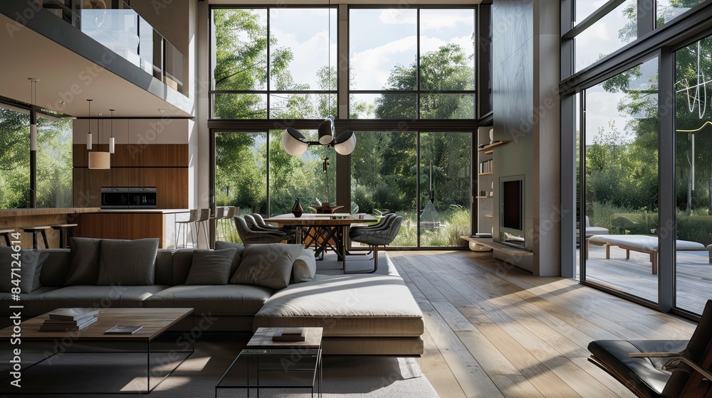 Modern living room with fireplace. AI generated art illustration. Modern living room with fireplace. AI generated art illustration.