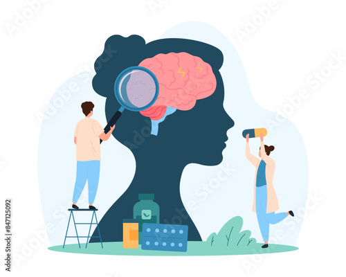 Diagnosis and treatment of headache, hospital examination of patients brain disease in neurology. Tiny people with magnifying glass research huge brain inside human head cartoon vector illustration