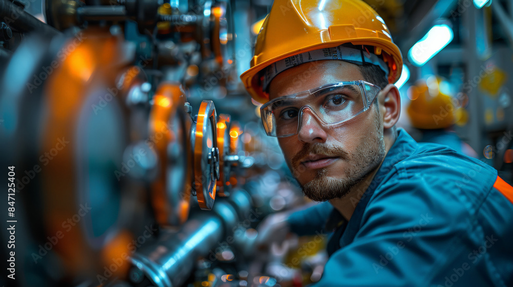 Detailed view worker uniform industrial plant, makes survey, checking equipment against background Detailed view worker uniform industrial plant, makes survey, checking equipment against background