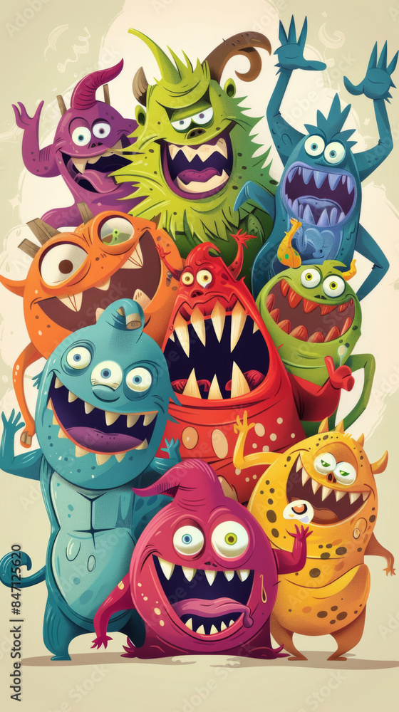 A group of cartoon monsters with their arms in the air
