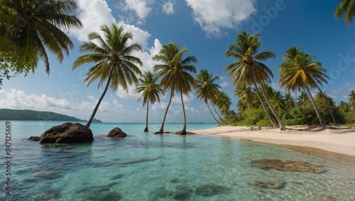  panorama of tropical beach with coconut palm trees 