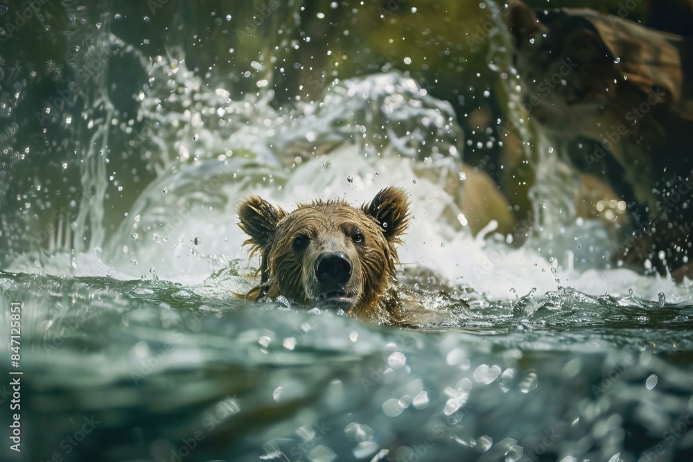 Young brown bear cub enjoys splashing around in a refreshing forest stream Young brown bear cub enjoys splashing around in a refreshing forest stream