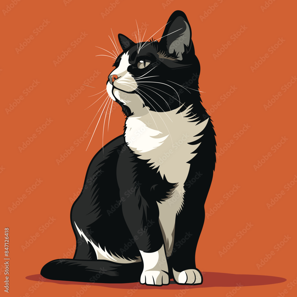 Obraz premium Black white tuxedo cat illustration looking side, whiskers prominent. Detailed fur texture, sharp contrast, orange background. Artistic rendering seated domestic cat, expressive eyes