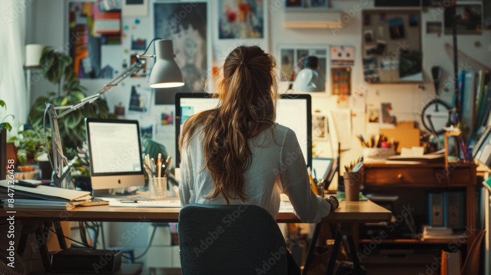 A woman sitting at a desk in front of a computer A woman sitting at a desk in front of a computer