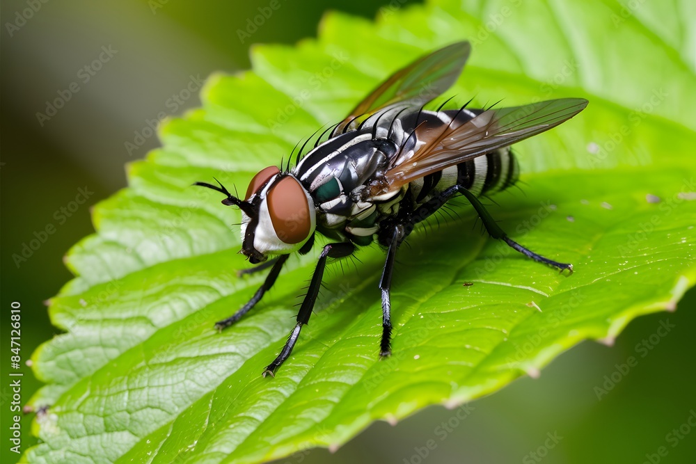 Closeup of fly with red eyes on green leaf striped body outdoor setting Closeup of fly with red eyes on green leaf striped body outdoor setting