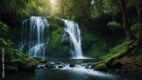 refreshing scene of a waterfall hidden in a lush forest. © Vladyslav