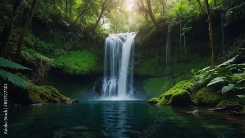 refreshing scene of a waterfall hidden in a lush forest.