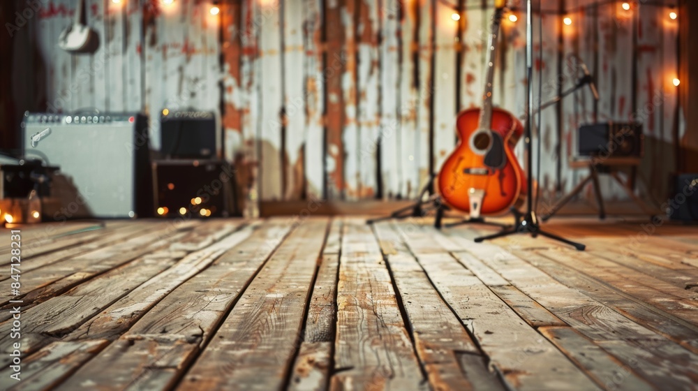 Obraz premium A guitar sits on a wooden floor in a room