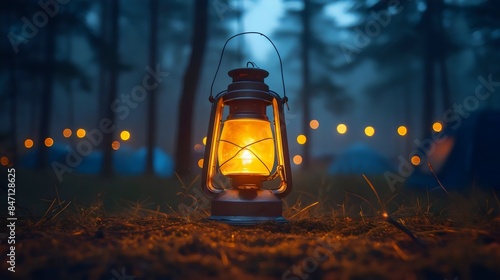 A lantern is lit in the woods, creating a warm and cozy atmosphere photo