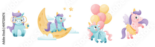 Cute Unicorn with Twisted Horn and Mane Engaged in Different Activity Vector Set