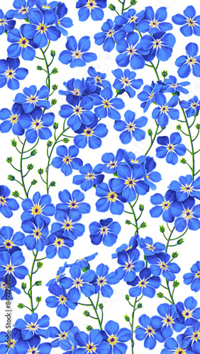 Vertical floral botanical background with highly detailed forget-me-nots. Hand drawn realistic blue plants on white background. Ideal for lock screen on smartphones, or design of social networks.