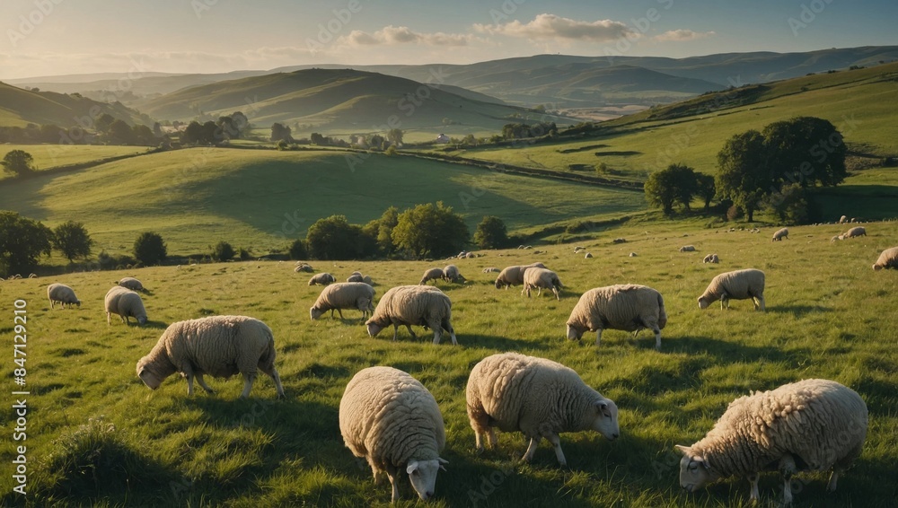 Obraz premium serene countryside landscape dotted with grazing sheep and rolling hills.