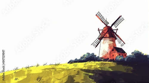 Artistic painting of rural countryside scene with traditional windmill