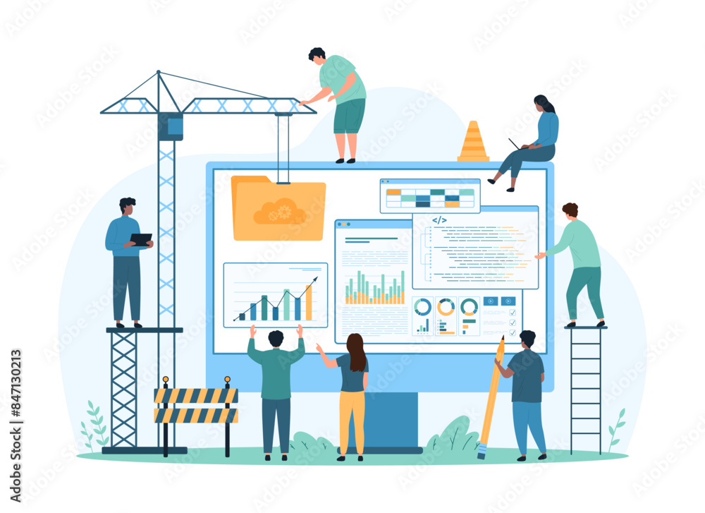 Website creation. Tiny people with construction crane build new portal or homepage, create digital product with help of infographic chart, data folder and coding layouts cartoon vector illustration Website creation. Tiny people with construction crane build new portal or homepage, create digital product with help of infographic chart, data folder and coding layouts cartoon vector illustration