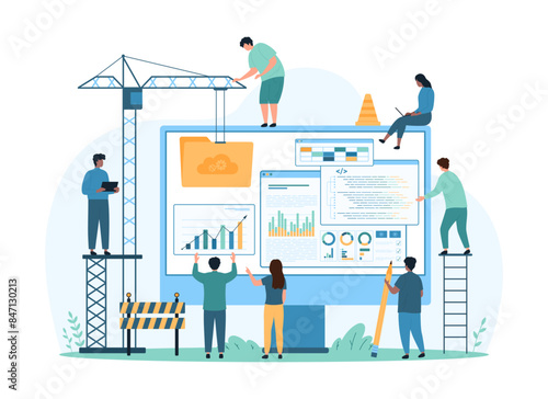 Website creation. Tiny people with construction crane build new portal or homepage, create digital product with help of infographic chart, data folder and coding layouts cartoon vector illustration