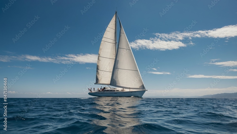 Obraz premium serene sailboat gliding across a calm, azure ocean under a cloudless sky.