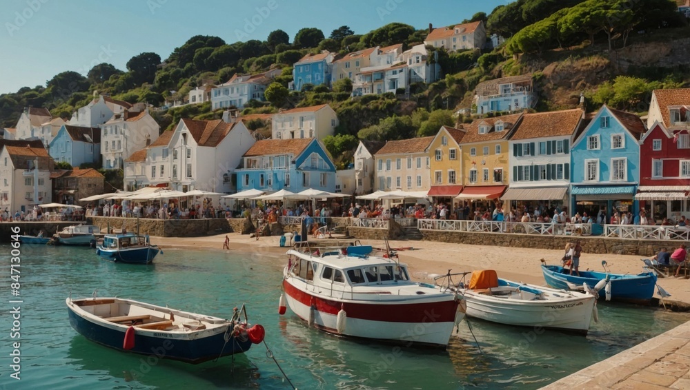 charming scene of a quaint seaside village bustling with activity.