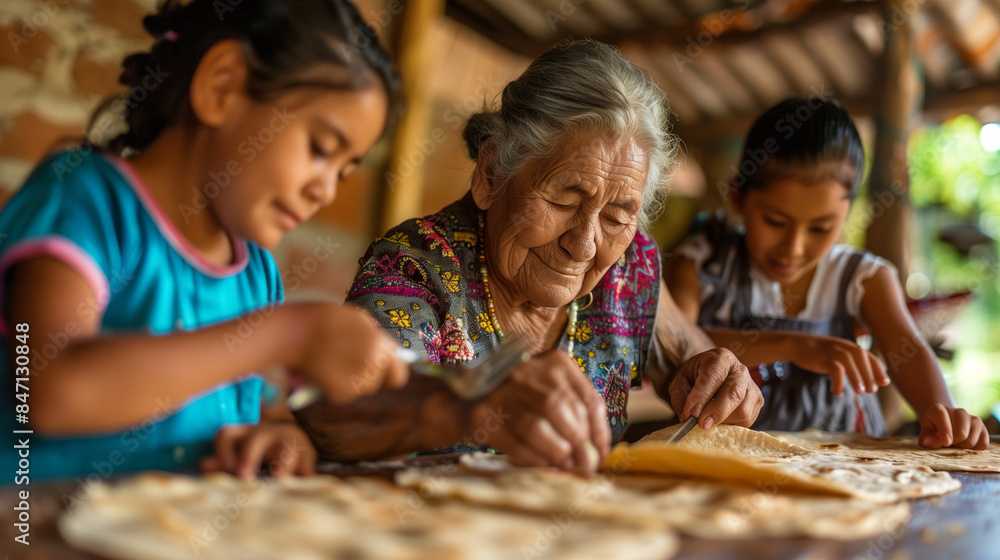 Woman and two children making cookies Woman and two children making cookies